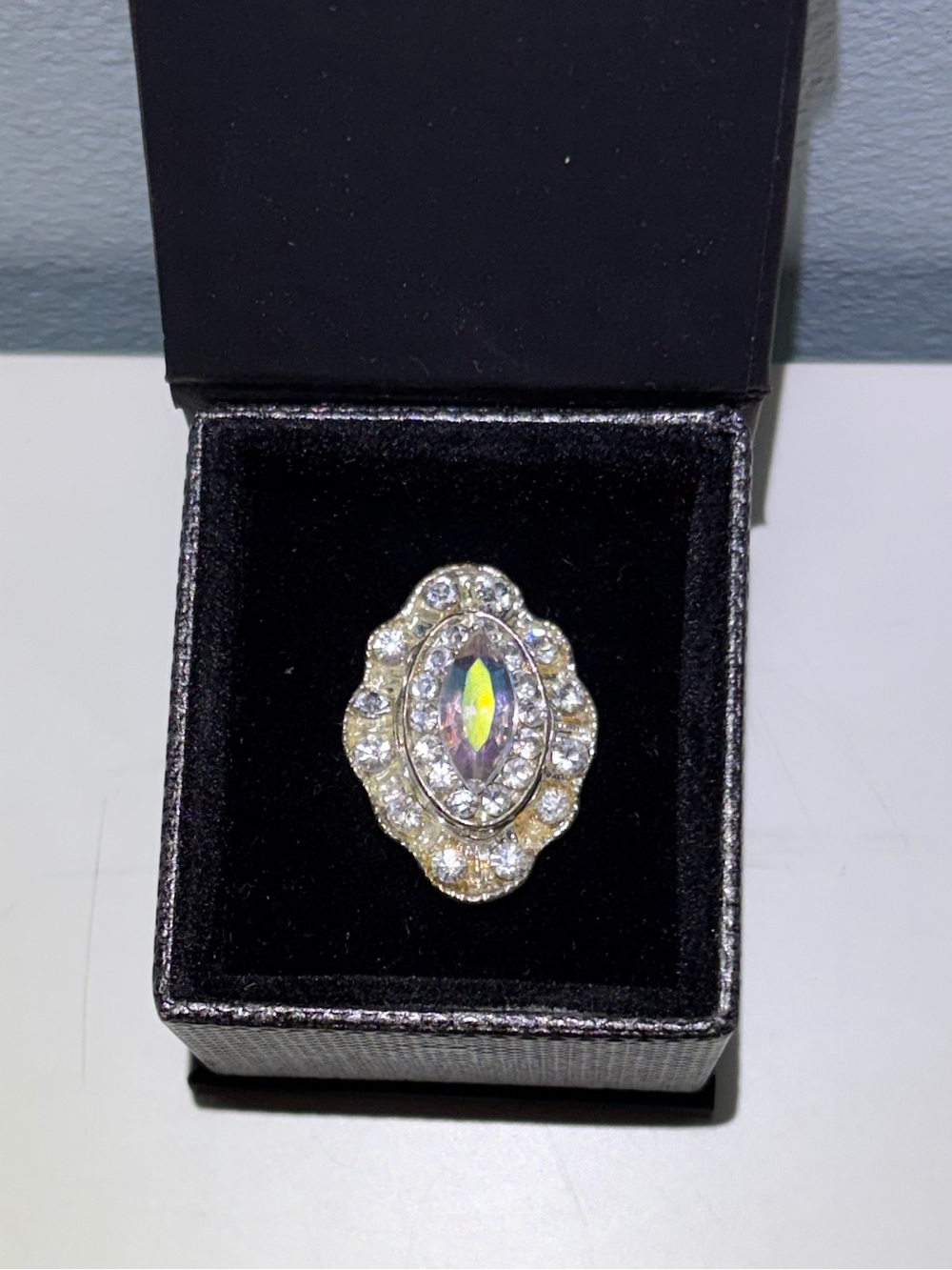 Gold-Tone Iridescent Crystal Statement Dinner Ring - Size 6